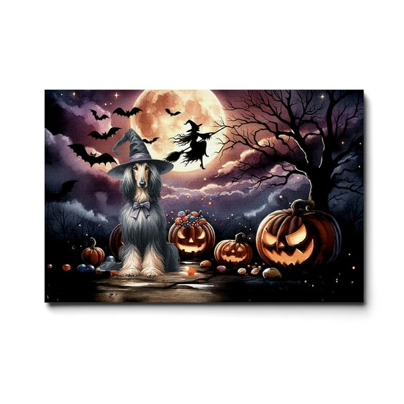 Spooky Halloween Night Witch Afghan Hound Glowing Pumpkins Horizontal Matte Canvas Poster Dog Lover Wall Art Home Decor - 12015