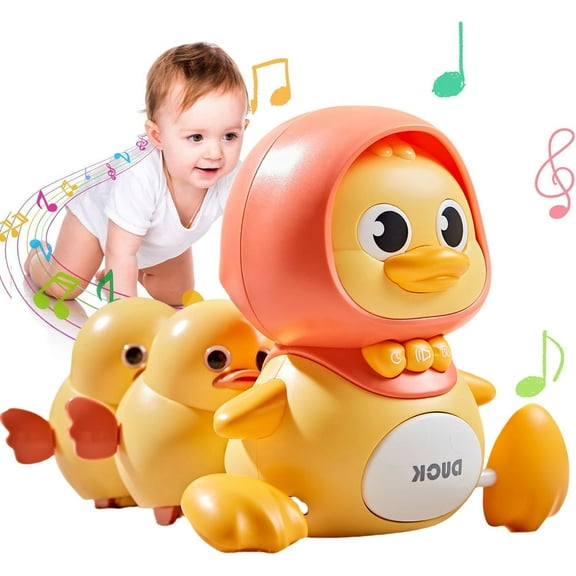 Baby Crawling Toys, Musical Ducks Toddler Toys, Early Education Kids Toys for Boys Girls Swing/Walking/Lights/Dancing Infant Tummy Time Toys Christmas Birthday Gifts (with 2 PCS Baby Duck)