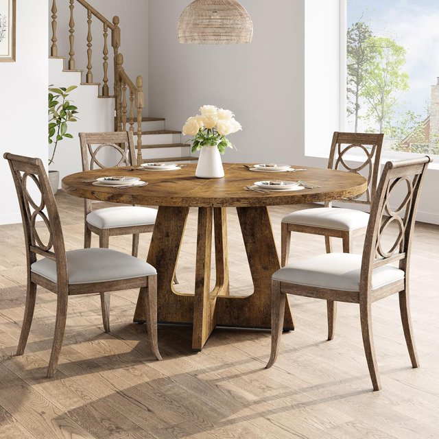 47" Round Dining Table for 4-6 - Modern Wooden Kitchen Table w/300lb Capacity, Adjustable Anti-Slip Legs