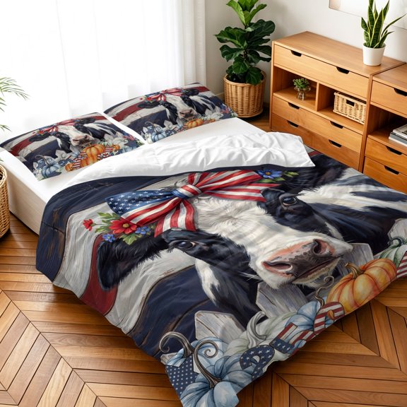 Queen Size 3 Pieces Duvet Cover Sets Independence Day Dairy Bedding Set,Microfiber Soft Comforter Cover with Pillow Shams,Luxury Quilt Covers for Bedroom Decor Orange Blue Pumpkins