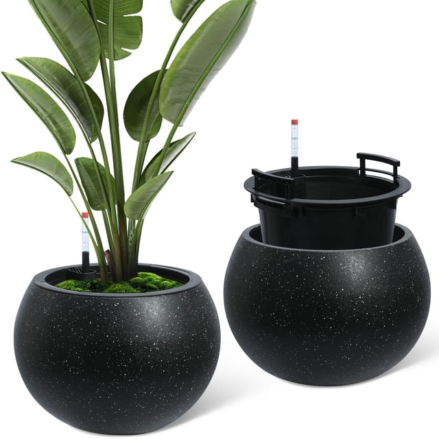 Macetas Autorriego – Set de 2 Altas 22" – Interior y Exterior – Drenaje y Medidor de Agua – Salón, Terraza, Jardín u Oficina – Fondo Negro con Puntos Blancos
