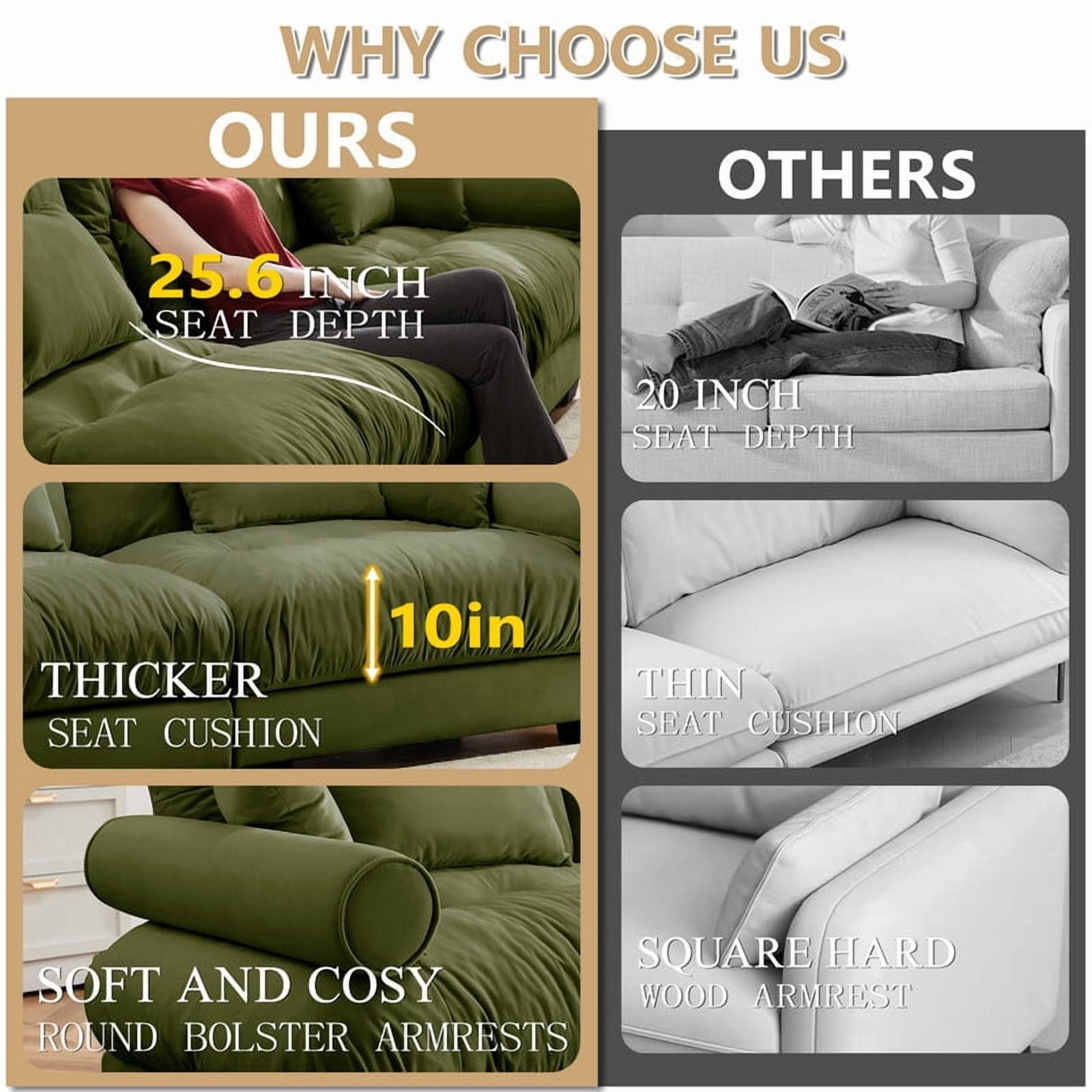 93.7" Modular Sectional Sofa, 2-Seater Velvet Couch, Deep Seat Cloud Sofa with Bolster Armrests & Pillows, Modern Upholstered Sofa for Living Room, Apartment, Olive Green