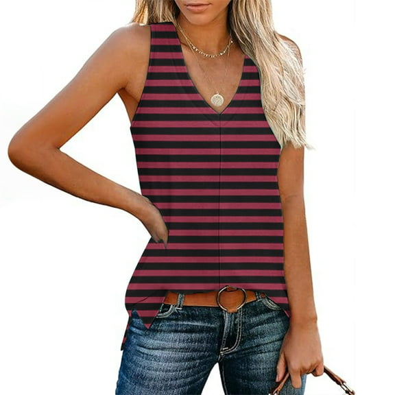 Womens Tank Top $4.98 Plus Size Stripe V-neck Sleeveless Loose Casual Side Slit Casual Top Black M