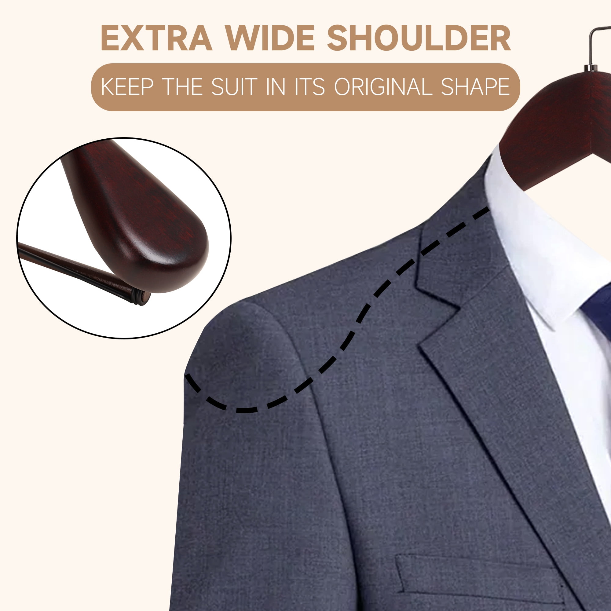 BP4U 2-Pack Premium Wide Shoulder Wooden Suit Hangers, Heavy-Duty Non-Slip Solid Wood Coat Hangers with Locking Bar for Suits & Coats(Dark Cherry)