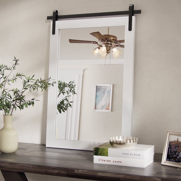 PAIHOME 22"x30" White Bathroom Mirror for Wall, Barn Door Solid Wood Frame Vanity Mirror - Farmhouse Decor