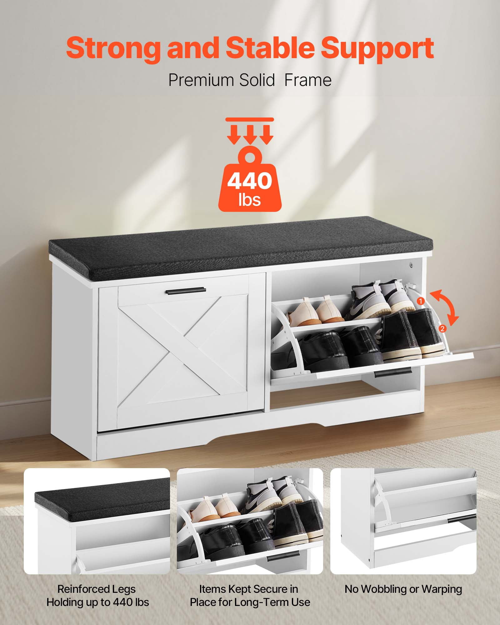 VEVOR Entryway Shoe Storage Bench, 39.4 x 12.0 x 18.7 Inch Shoe Organizer with Flip Drawers, 440lbs Narrow Shoes Rack Bench with Cushion & Flip Doors, for Hallway, Living Room, Bedroom, Black + White