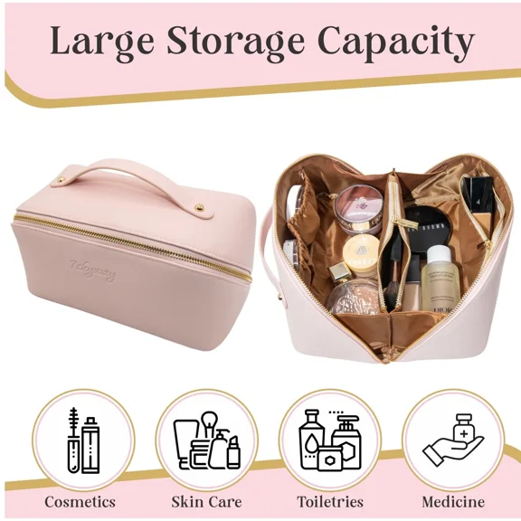 LARGE Capacity PU Makeup Bag, Travel Cosmetic Bag with Handle & 3 Dividers