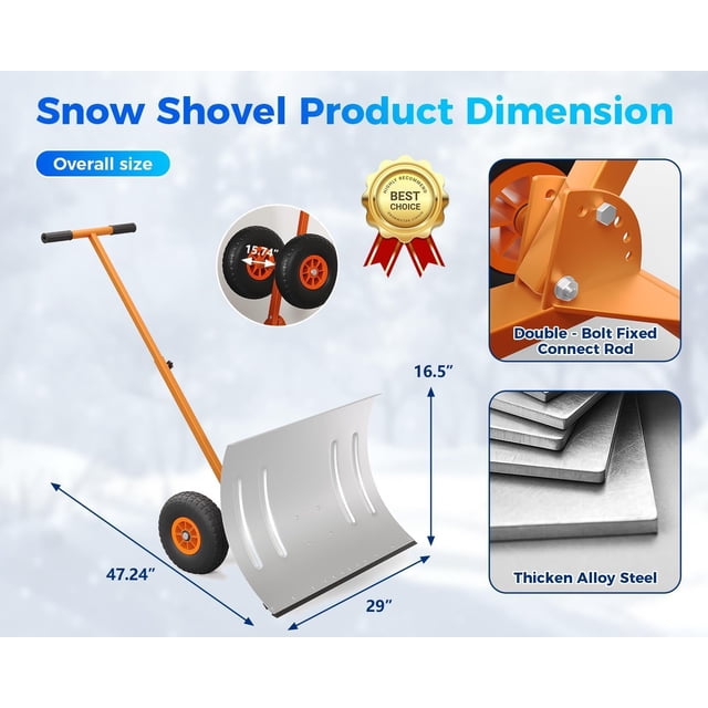 QinaQin Pelle à Neige avec Roues, Poussoir Ergonomique en Acier, Lame Inclinée Réglable, Argent