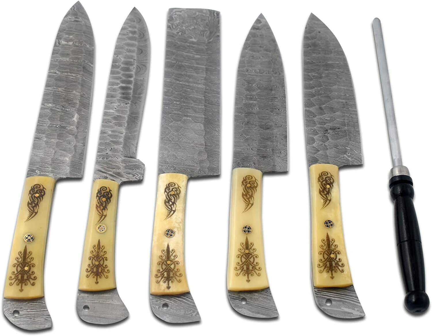 Professional Kitchen Knives Custom Made Damascus Steel 5 Pcs of Professional