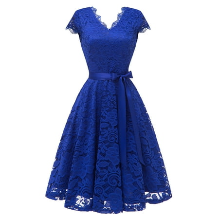 Bridesmaid Dress Vintage Market In The Box Midi Women's Lace Dress Vintage Style Swing Dress Cap-Sleeve Bridesmaid Party Cocktail Homecoming Dresses With Belt ()