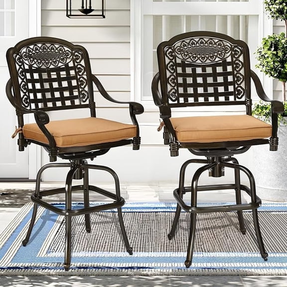 SOCIALCOMFY Outdoor Swivel Bar Stools Set of 2, All Weather Cast Aluminum Patio Bar Height Patio Bistro Chairs with High Back, Cushion, Outdoor High Top Dining Bar Stools for Backyard, Balcony