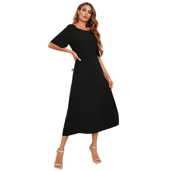 Women's Round Neck Cutout Half Sleeve Dress 100% Rayon Solid Midi A Line Chic Elegant Daywear and Eveningwear Flattering Fit