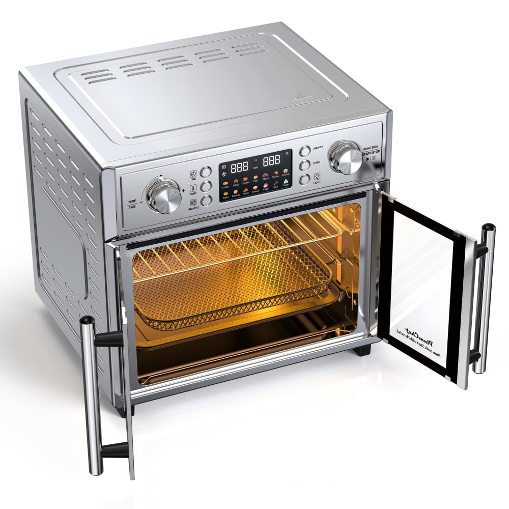 PlumChef 26QT Large Capacity French Double-Door Air Fryer Convection Toaster Oven, 1700W, 14 Preset Menus, 7-in-1 Multi-Function (Bake, Roast, Gril,Toast,Dehydrate&Defrost), Stainless Steel,silvery