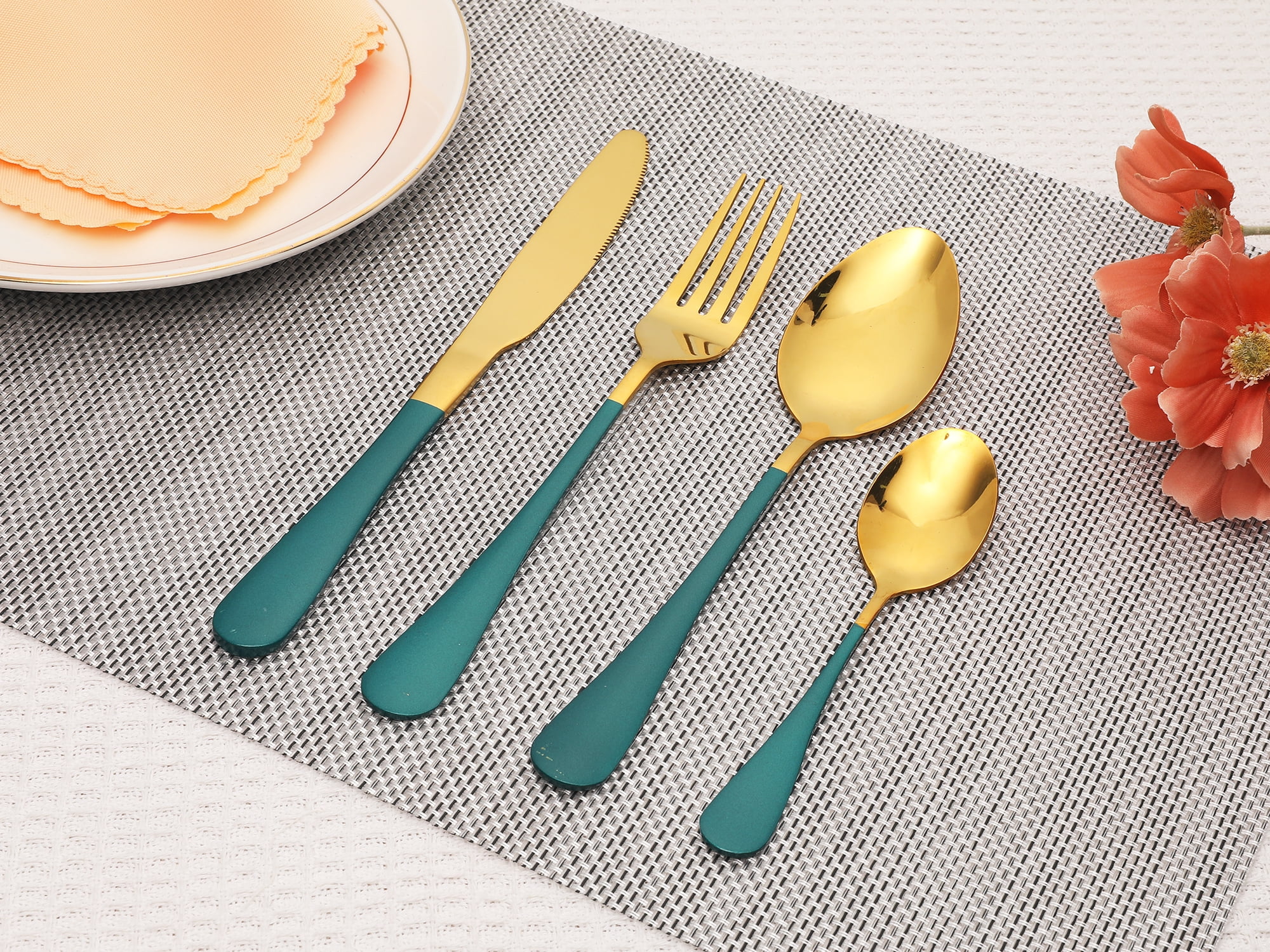 Unique Bargains Flatware Set Stainless Steel Silverware Green 4 Pcs