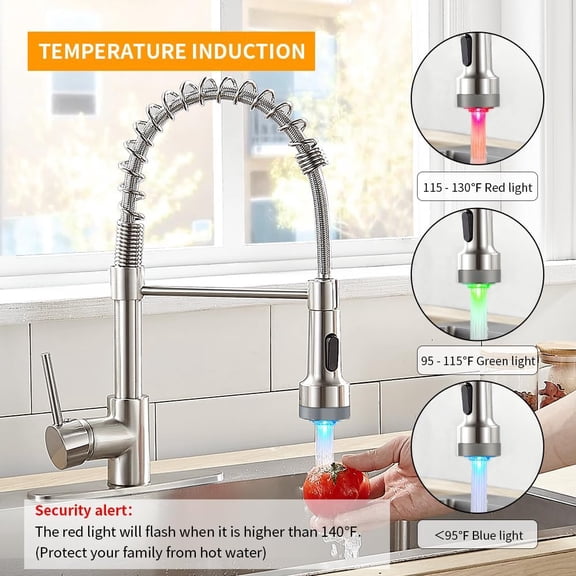 LED Light Kitchen Faucet with Pull Down Sprayer Sus304 Stainless Steel Industrial Single Handle Faucet for Farmhouse Camper Laundry Utility Rv Wet Bar Sinks Brushed Nickel 9003SN