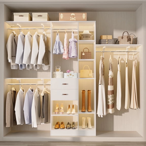 iSunirm Upgraded Closet System with 13 Shelves, 96'' Closet Organizer System with 2 Wood Drawers and 4 Hanging Rods for Storage, White