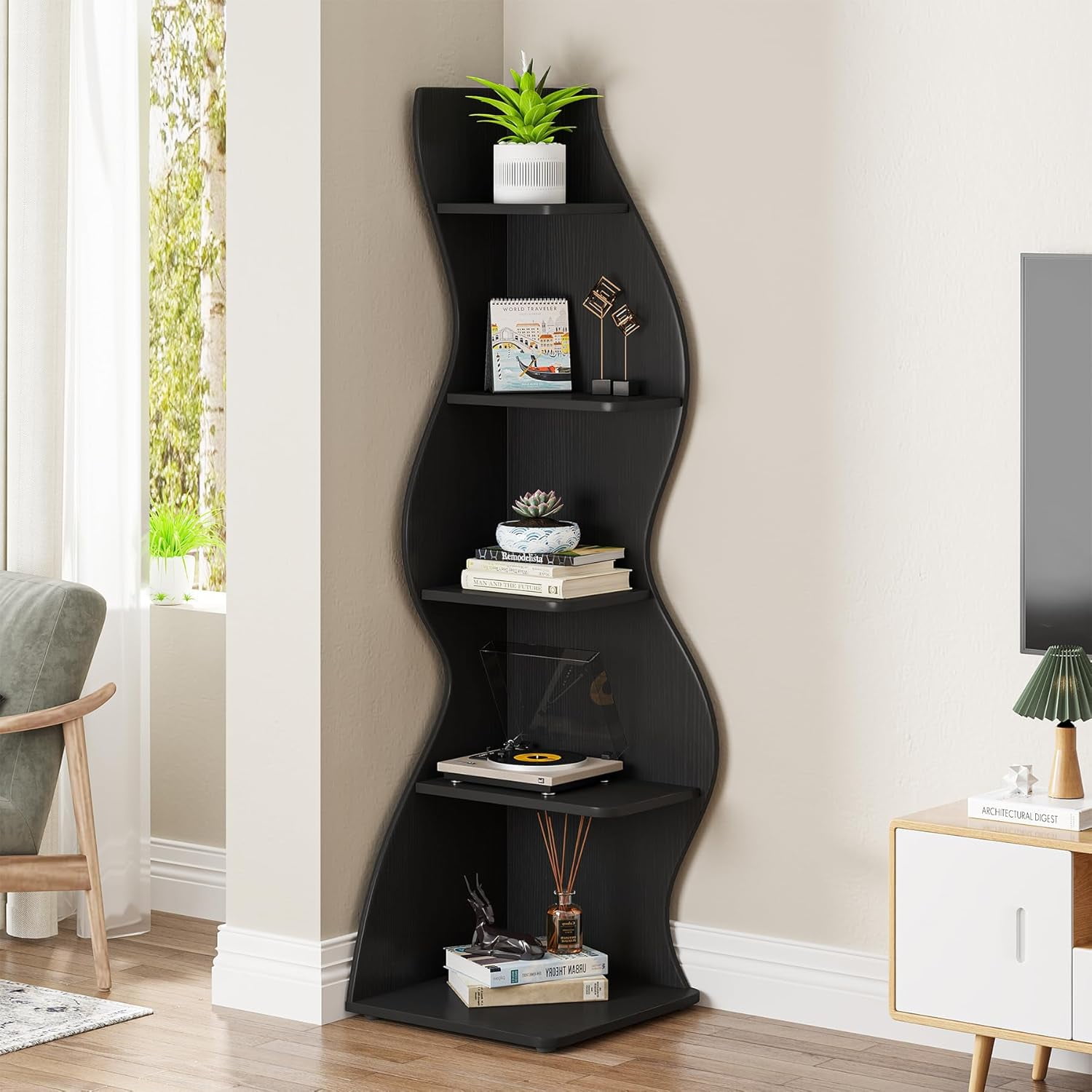 Tribesigns Corner Shelf, Modern 5-Tier Wall Corner Bookshelf, Stylish Corner Small Bookcase Storage Rack Plant Stand with Unique Shape for Living Room, Home Office, (Black)