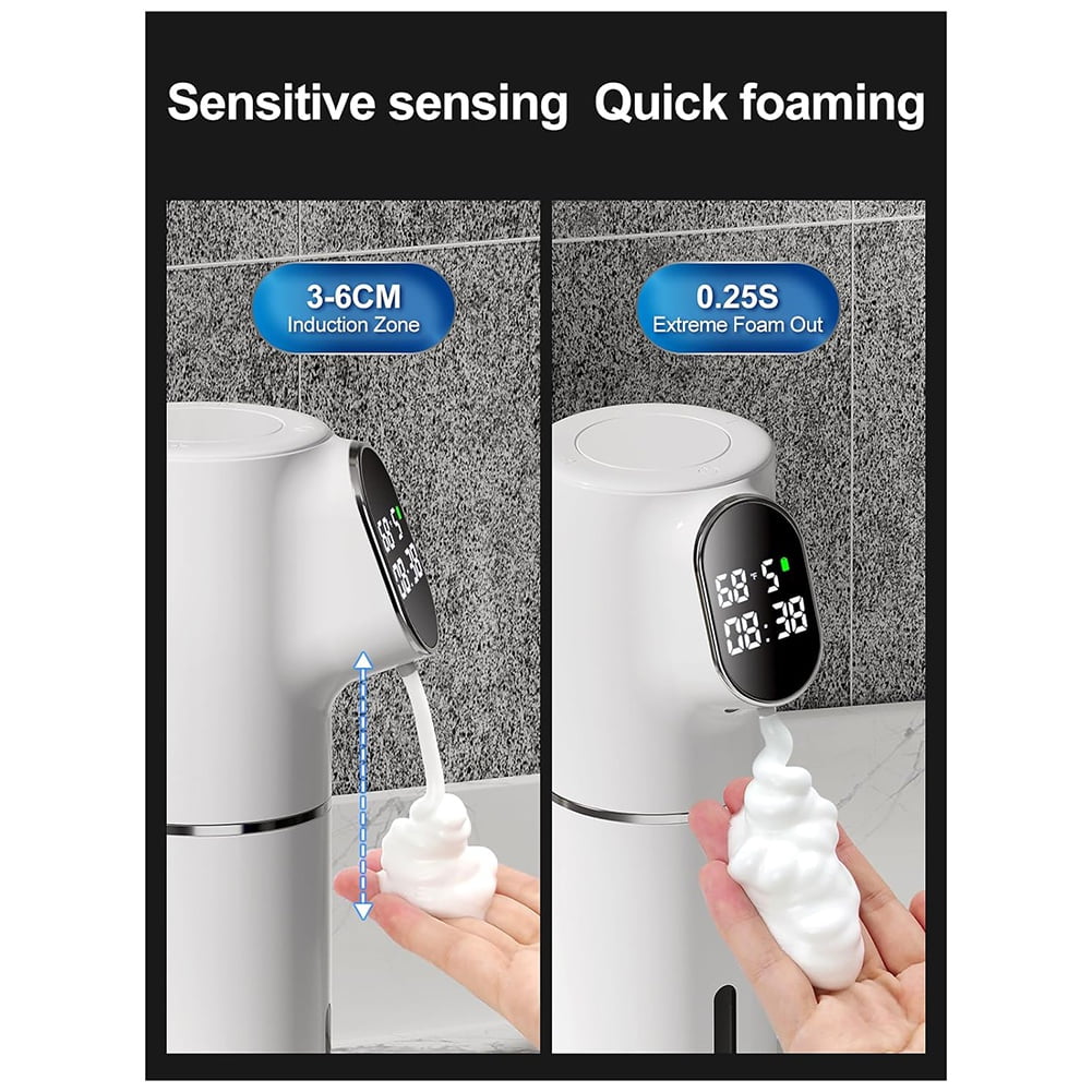 Automatic Soap Dispenser 5-Level Adjustment IPX6 Water- Foam Soap Dispenser LED Time and Temperature Display ABS White
