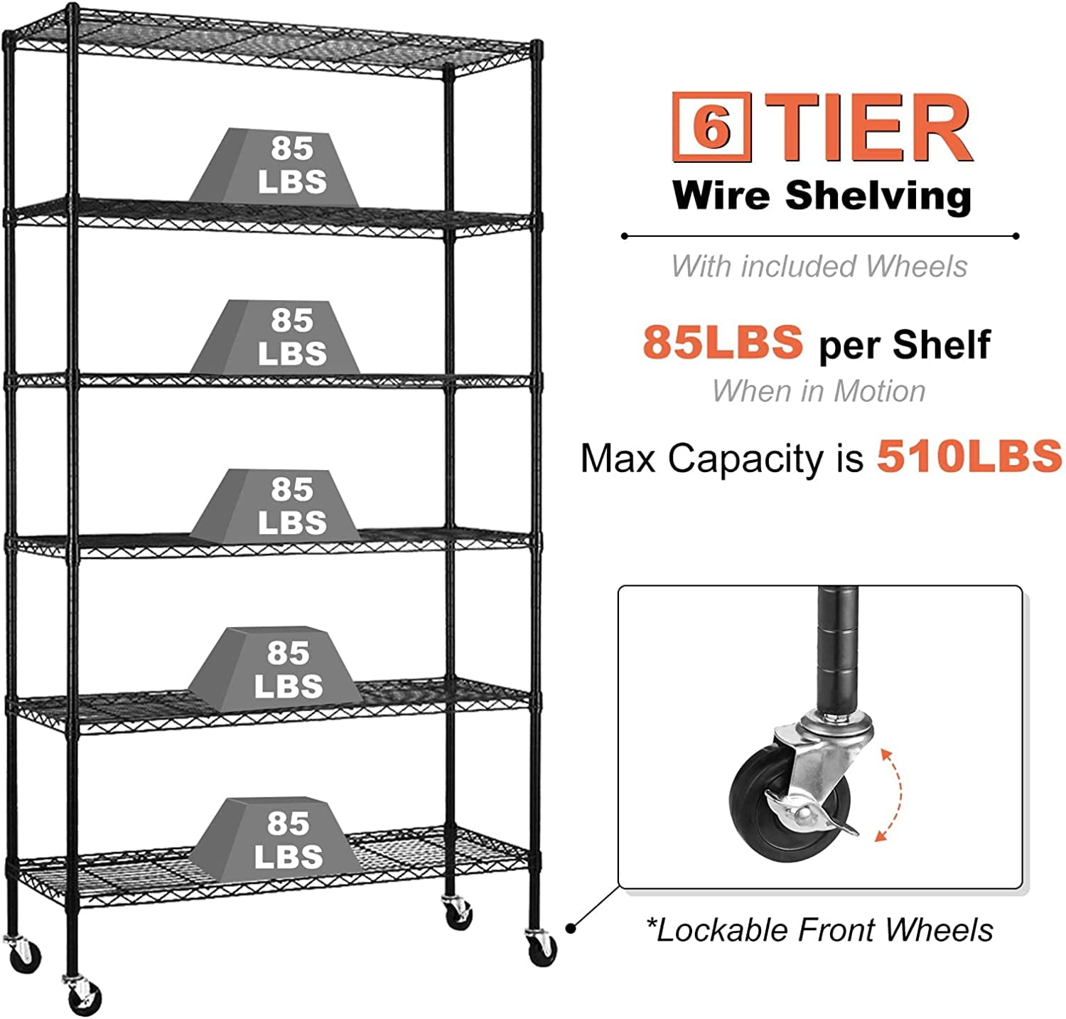 6-Tier Storage Shelves NSF Certified Wire Shelving Unit on Wheels Heavy Duty Metal Shelves Adjustable Steel Shelving 2100Lbs Capacity for Closet Pantry Basement- (18"x48"x82", Black)