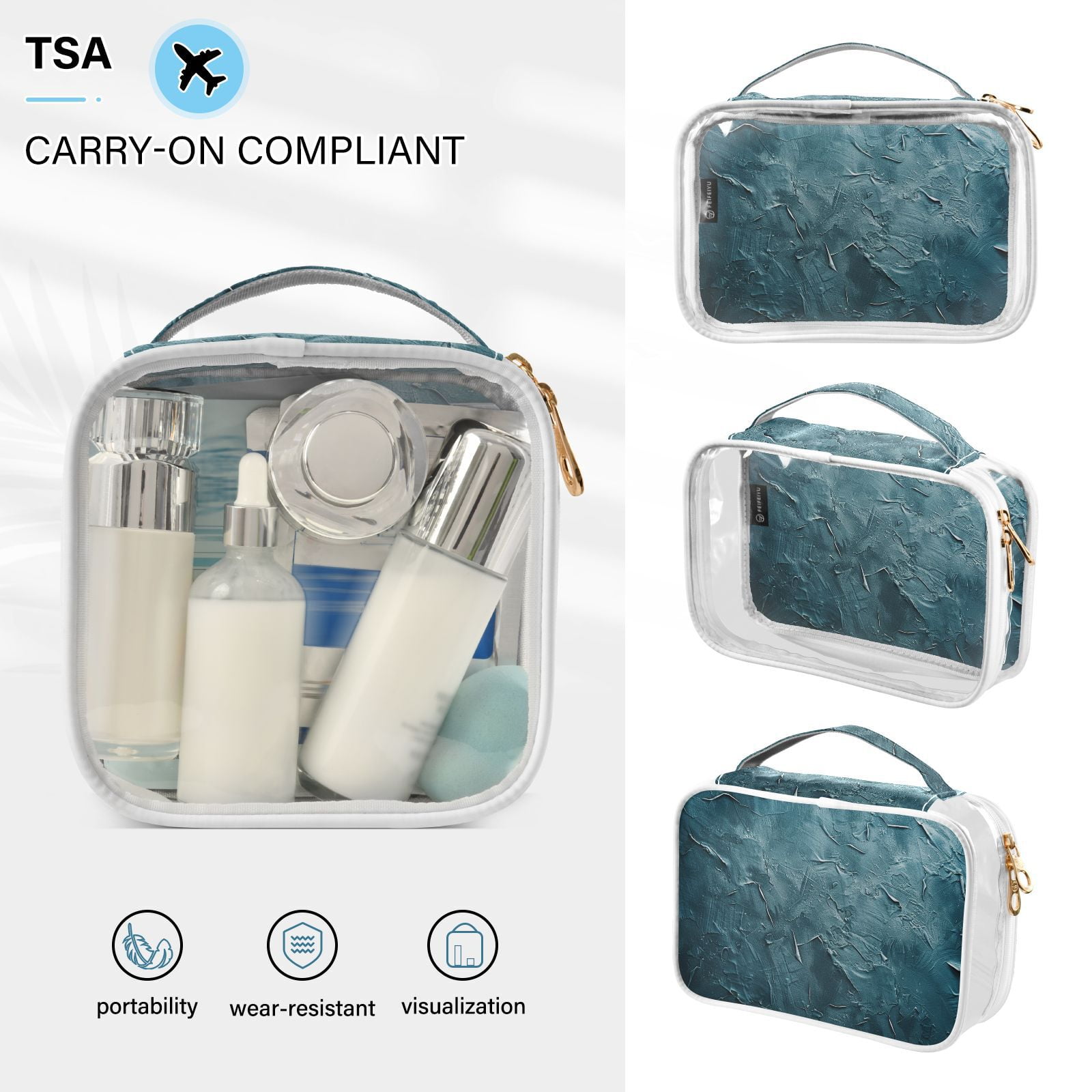 Clear Makeup Bags with Handle Large Opening 2 Pack Set Toiletry Bag Quart Size Bag, for Women Man Traveling Travel Essentials, Toiletries and Other. Dark Blue Oil Pattern