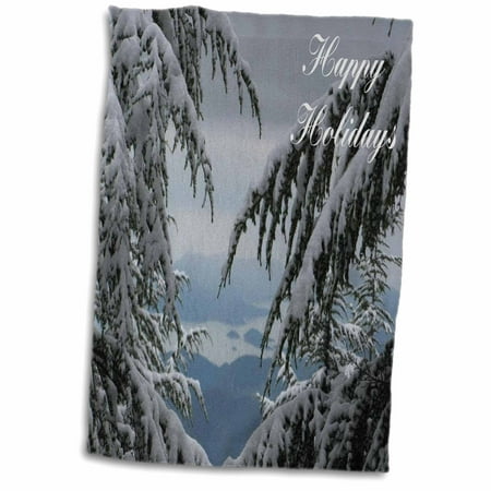 3dRose Happy Holidays- pine tree, snow, winter scene, winter wonderland, christmas tree, winter, trees - Towel, 15 by