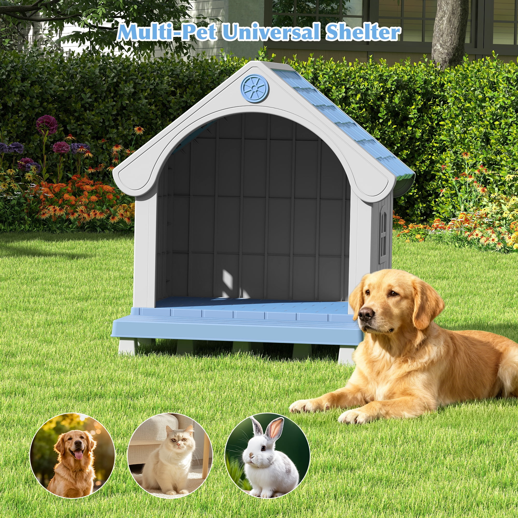 Nihsuao Durable Waterproof Dog House for Small to Medium Dogs, Indoor Outdoor Plastic Kennel with Porch, Sloping Roof & Elevated Floor, Easy Clean, Blue, 32.95"L x 31.5"W x 37.88"H