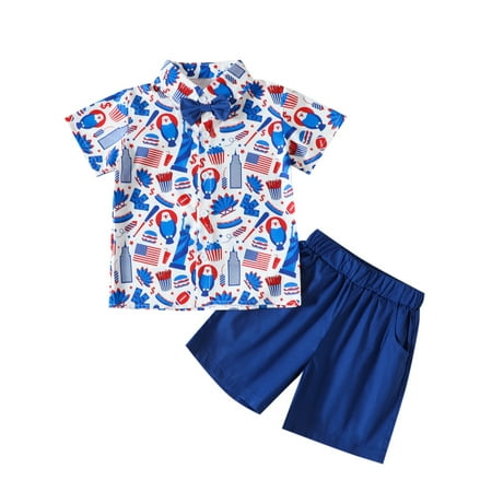 

Frobukio Independence Day Kids Boys Outfits Summer Short Sleeve Print Button Shirt + Casual Shorts Beachwear 2Pcs Sets Blue 1 2-3 Years