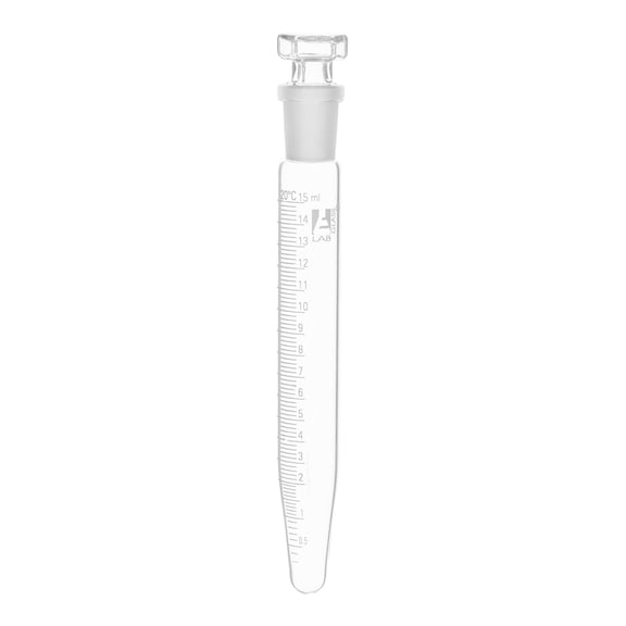 Centrifuge Tube with Glass Stopper, 15mL - Conical, 15x140mm - 0.2mL Graduations - Borosilicate Glass - Eisco Labs