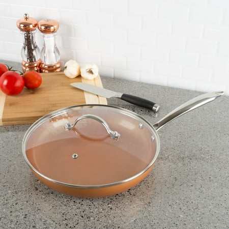 Non Stick 10? Fry Pan with Lid and Copper Colored Finish- Oven/Dishwasher Safe Allumi-Shield Skillet Cookware with Heat Safe Handle by Classic