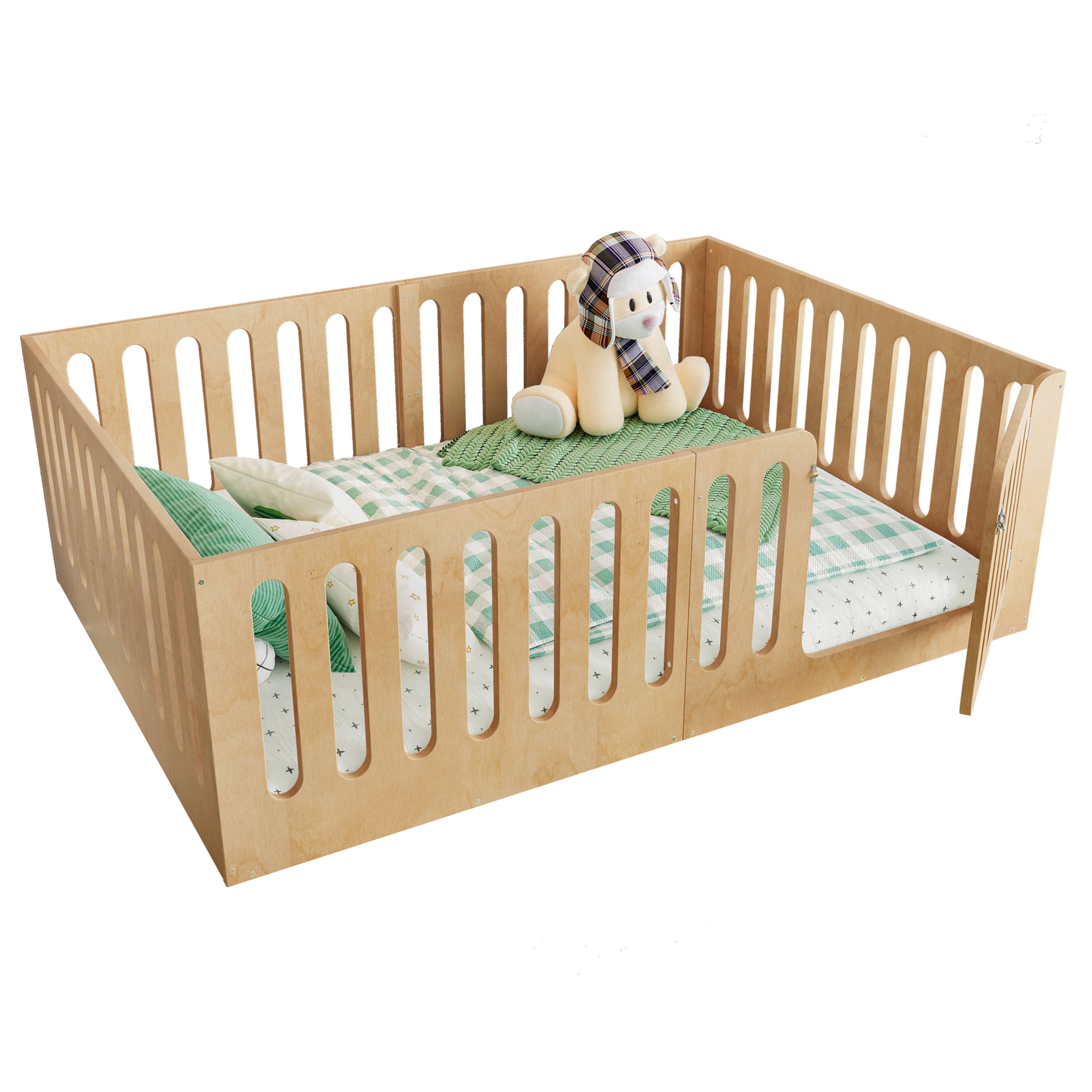 Noble House Full Size Montessori Floor Bed with High Fence, Solid Wood Kids Bed Frame, Natural