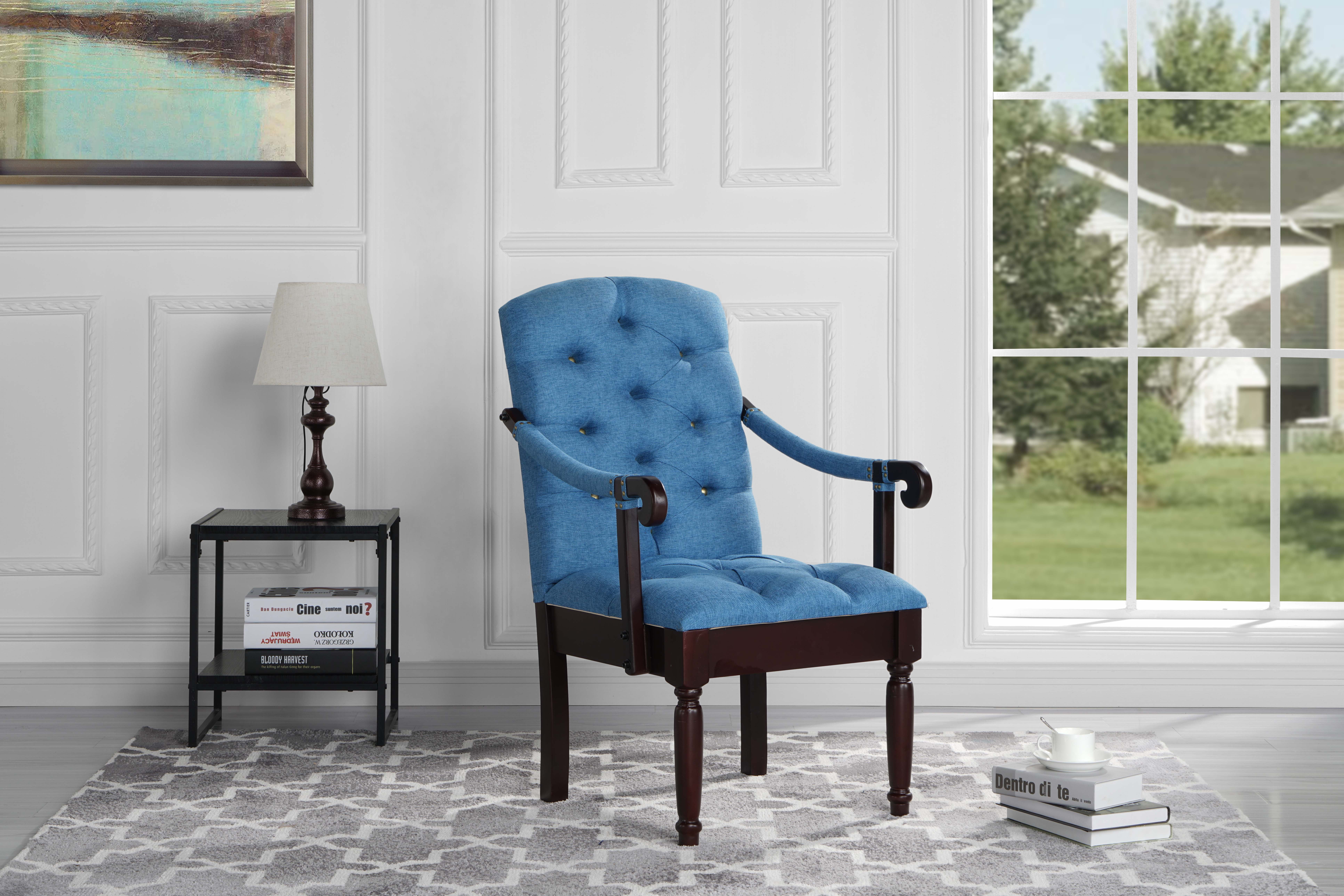 blue upholstered dining room chair