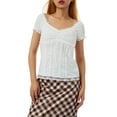 thumbnail image 1 of Fortune Women Short Sleeve White T-Shirts Square Collar Lace Splicing Tee Base Slim Crop Tops, 1 of 9