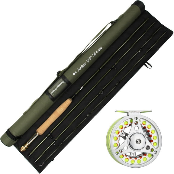 AnglerDream Archer Fly Fishing Rod and Reel Combo 3/4 / 5/6 7/8 WT Fly Fishing Combo 4 Section Fast Action Dark Green Fly Rod Graphite IM 10 / 36T Carbon Fiber