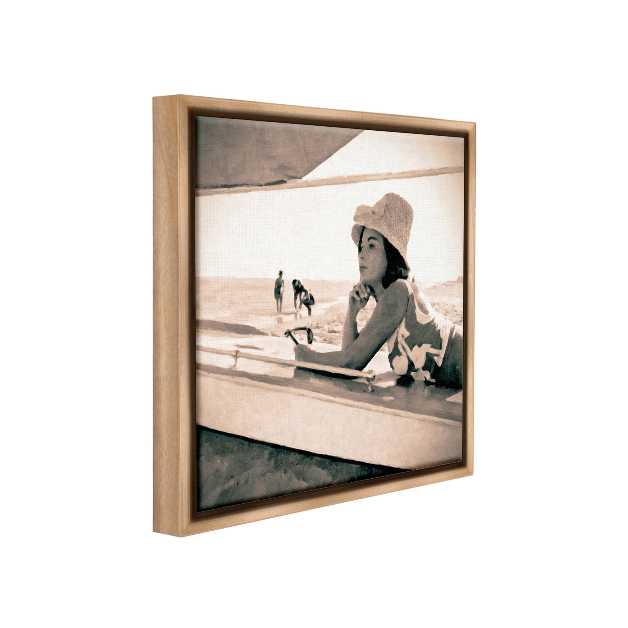 Stupell Industries Vintage Woman Sunbathing Landscape Painting Brown Floater Framed Canvas Art Print Wall Art, 18 x 18