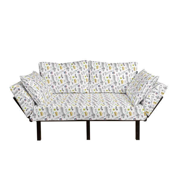 USA Futon Couch, Liberty New York City Hotdog Manhattan Bridge American Illustration, Daybed with Metal Frame Upholstered Sofa for Living Dorm, Loveseat, Yellow Grey White, by Ambesonne