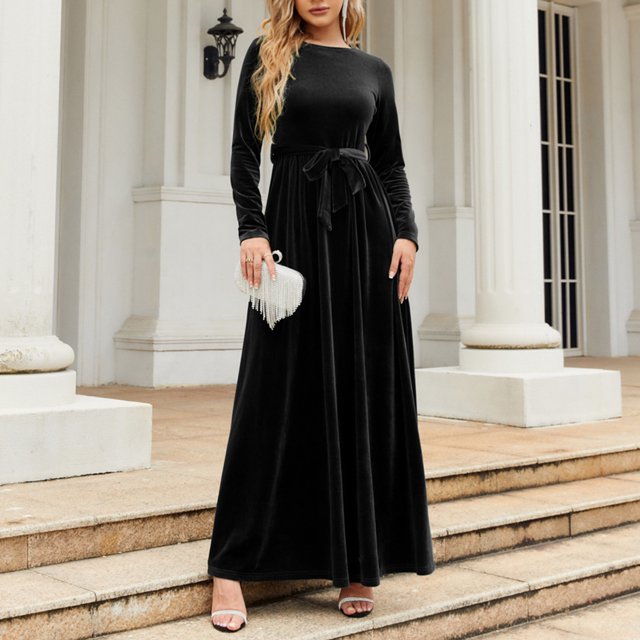 Vestido largo para mujer, cuello redondo, manga larga, cintura alta, correa, color puro, vestido largo para otoño invierno, negro, XXL
