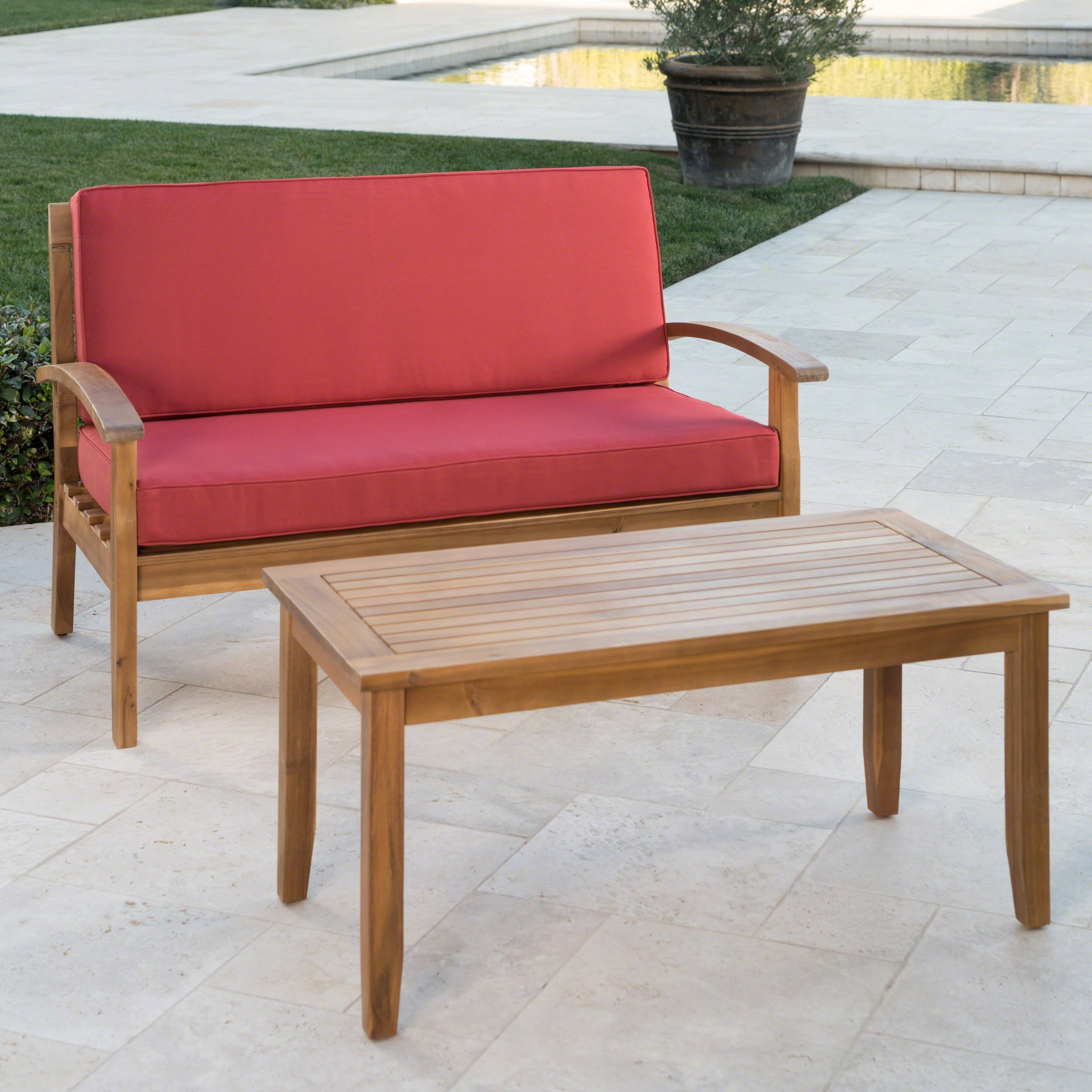 Outdoor Loveseat and Coffee Table Combined Leisure Set, Acacia Wood Frame Furniture for Patio Garden, Red