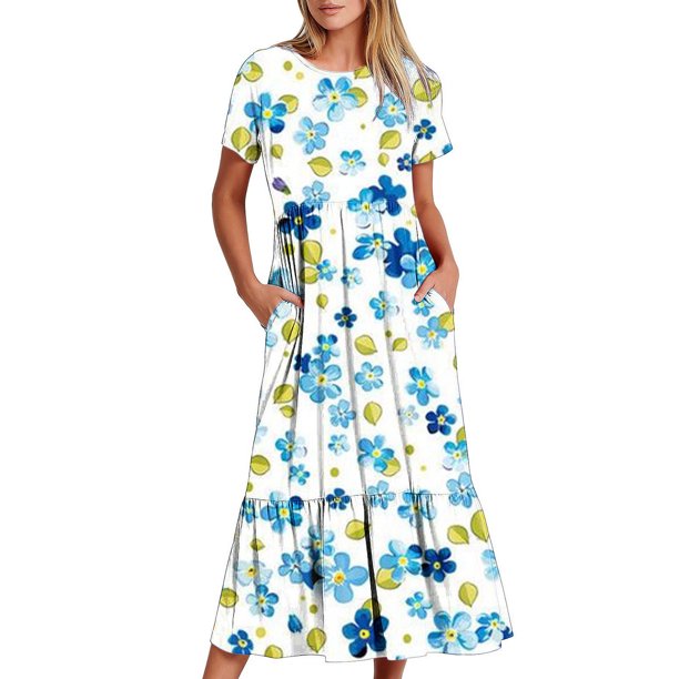 Puntoco Vestido De Mujer Con Cuello Redondo Y Manga Corta A Media Pantorrilla Con Bolsillos Dobles Y Estampado Floral Vestido De Manga Corta Con Cuello Redondo Azul Claro Xl
