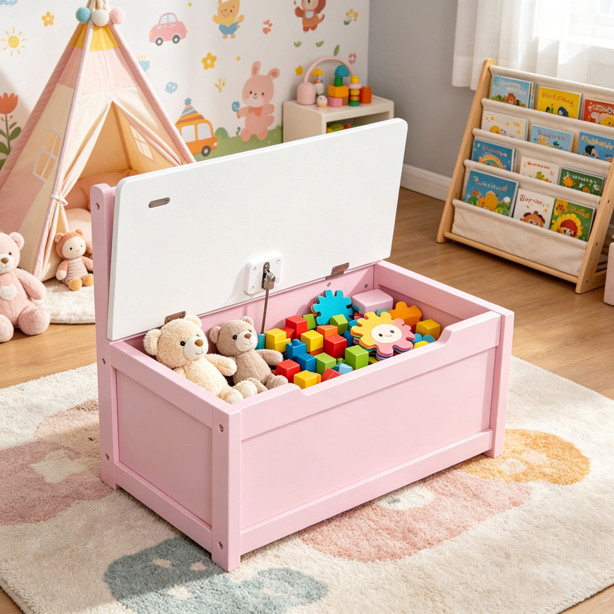 Storage Bench Toy Box Chest with Large 27L Interior Toy Organizer with Top Lid And Backrest for Nursery Playroom Bedroom Furniture 24" x 12" x 20", Pink
