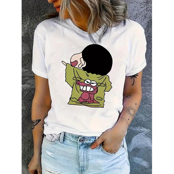 Women's Quirky Cartoon Graphic Tee - Black Casual Crew Neck Short Sleeve T-Shirt, Soft Polyester Blend, Fun Summer Top for Casual Attire, Vacation Tshirt | Playful Graphic Tee | Machine Washable Top