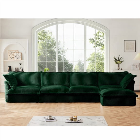 Luxurious & Comfortable L Shape Sectional Sofa|4 Seater Green Corduroy