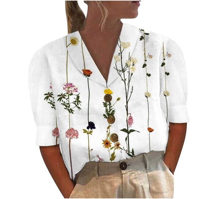 Birdeem Women Mid-Sleeve Casual V-Neck Solid Color Loose Button Shirt Blouse Tops
