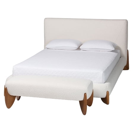 Baxton Studio Vinicio Mid-Century Modern Cream Boucle Queen Size 2-Piece Bedroom Set
