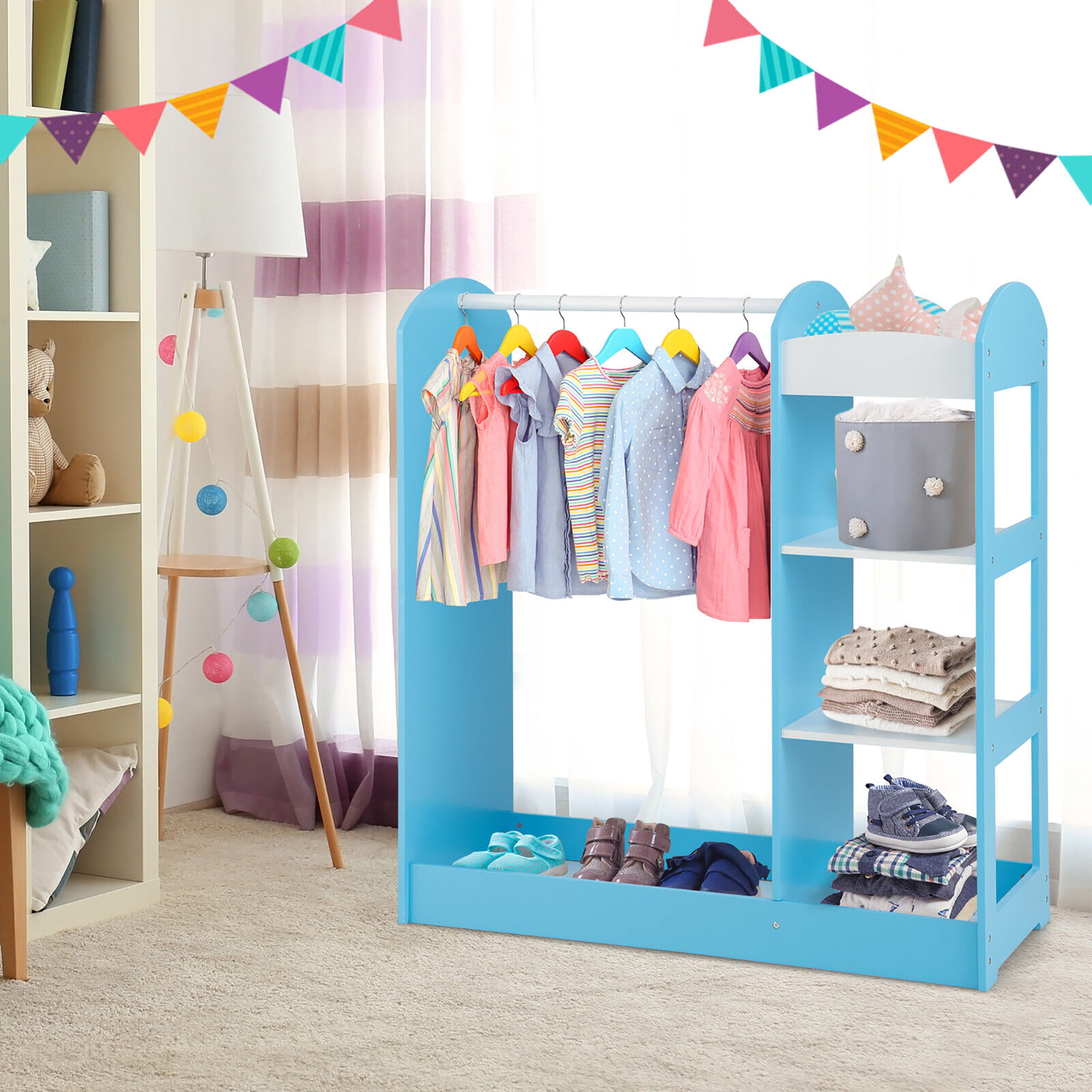 Gymax Kids Dress up Storage Hanging Armoire Dresser Costume Closet w/  Mirror Shelves Blue