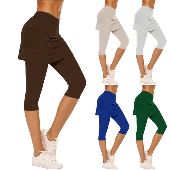 YVNAURA Women's High Waisted Skirted Leggings with Pockets Athletic Skorts for Women 2-in-1 Tennis Skirt with Shorts Tummy Control Golf Skirt Flowy Workout Running Gym, Brown,L