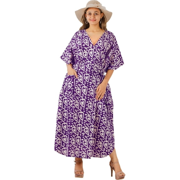 LA LEELA Women's Summer Batik Caftan Long Loungewear Dashiki House Dress with Pockets Sleepwear for Women Nightgown 1X-2X Orchid, Heart