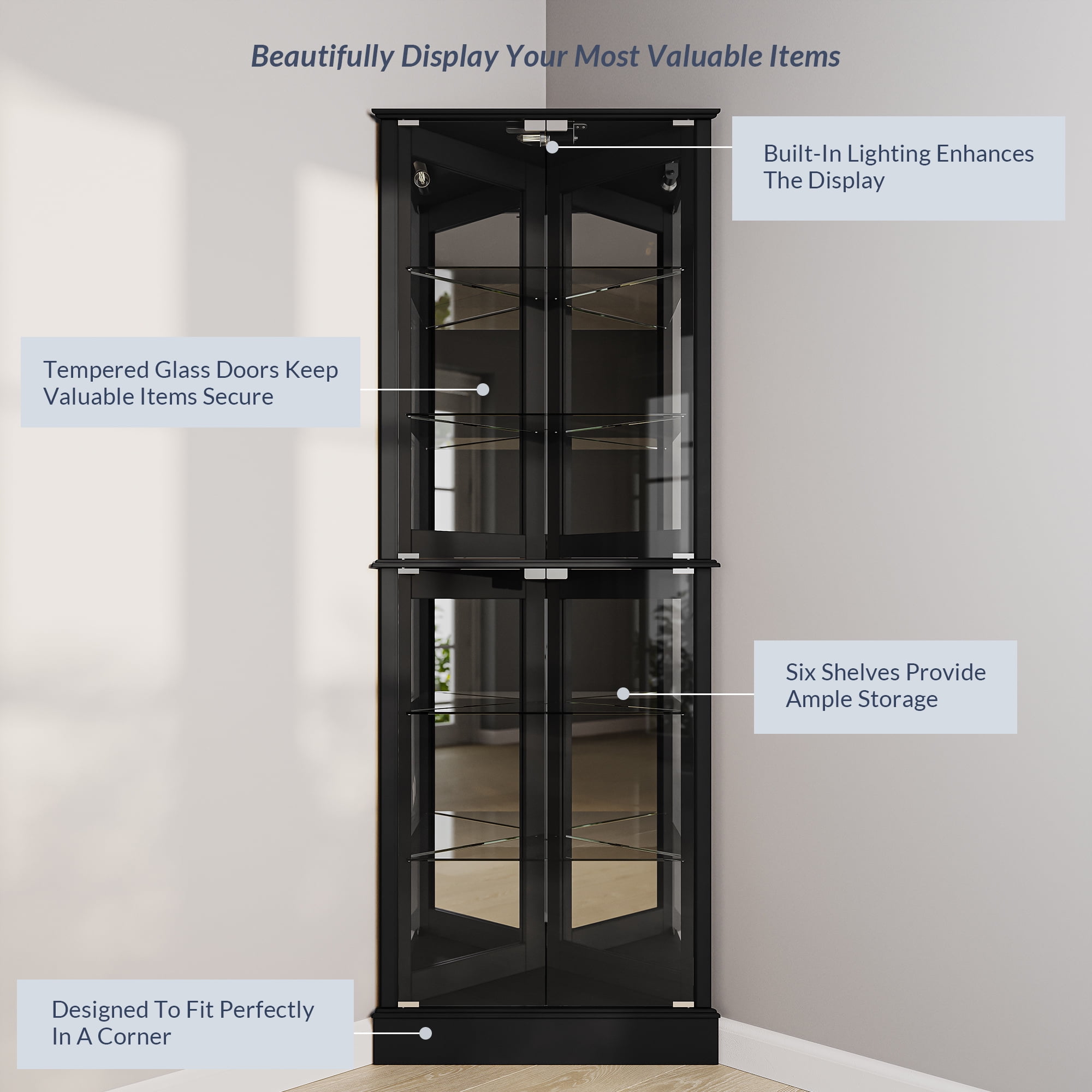 置物 Creed BELLEZE Lighted Corner Display Cabinet, Wood Curio Storage