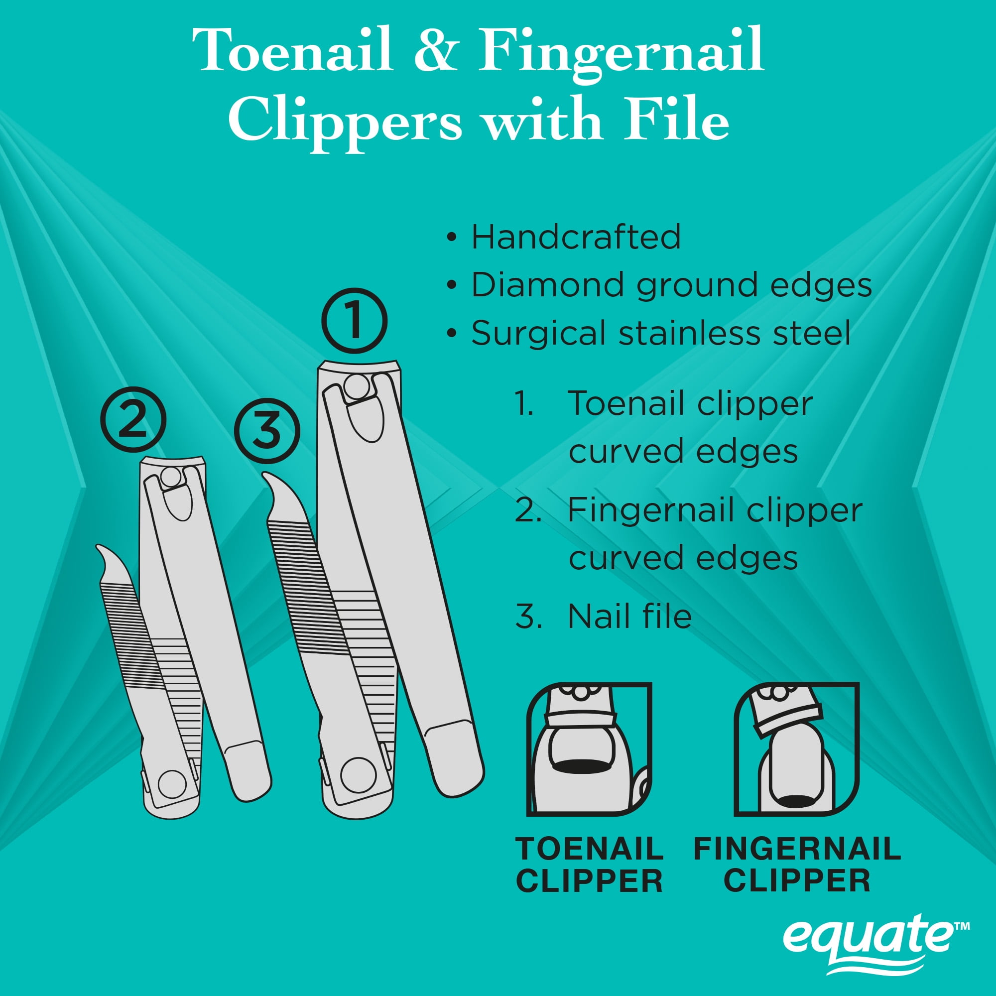 Equate Stainless Steel Toenail and Fingernail Clippers with File, 1 Count