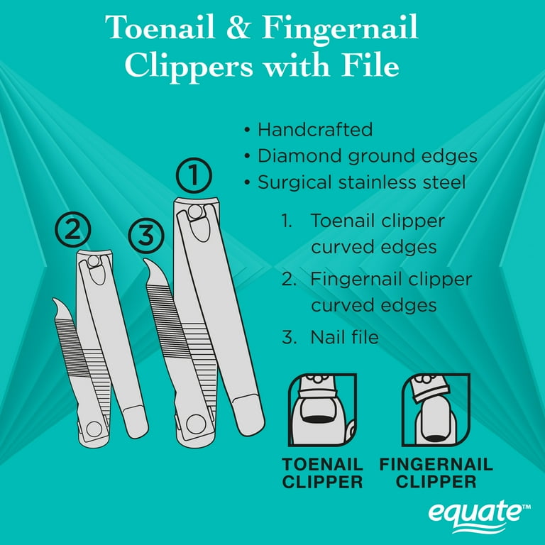 (3 pack) Equate Stainless Steel Toenail and Fingernail Clippers with File, 1 Count