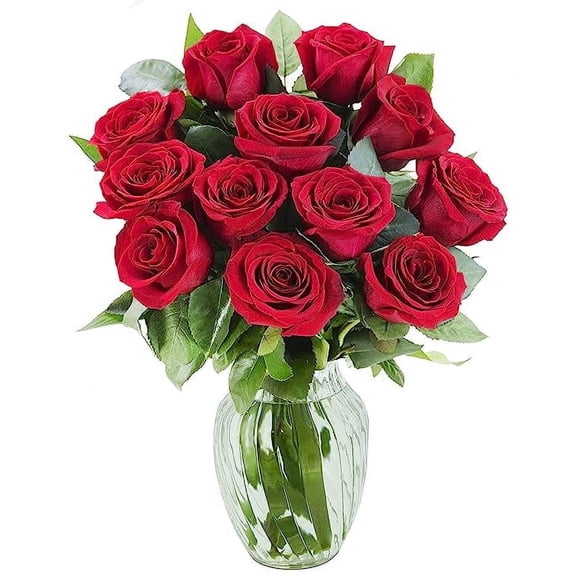 KaBloom : Bouquet of Fresh 18 Red Roses with Vase, Next-Day Delivery, Gift for all occasions